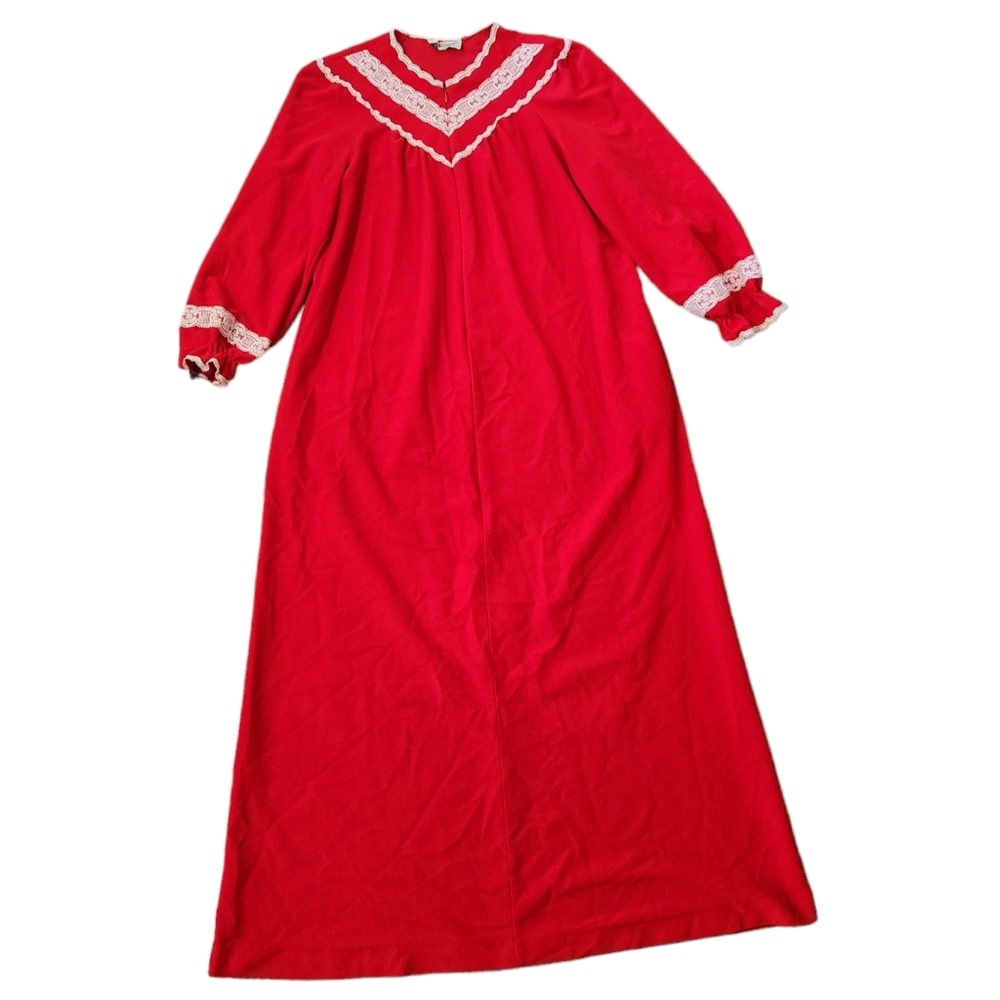 Vintage 70s 80s Red Lace Trim Velour Housecoat Robe